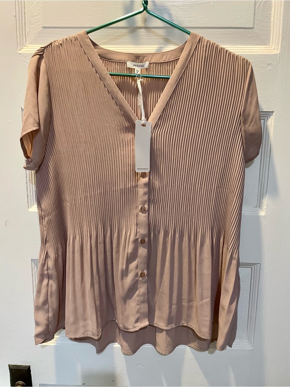 Pleione Pleated V-Neck Button Front Blouse, Medium, Beige